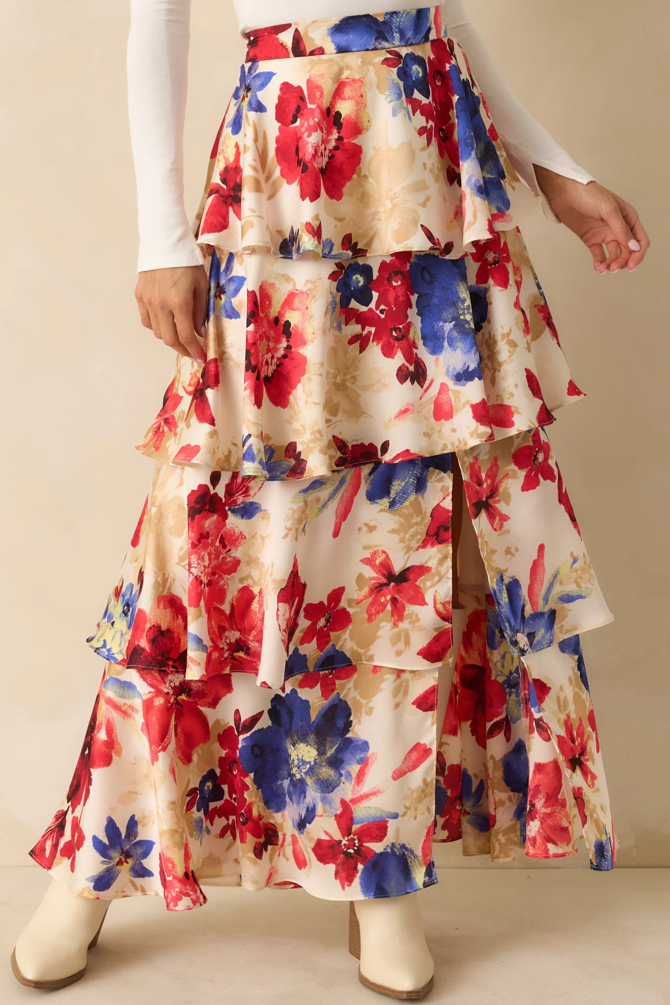 Flourish and Flow Ivory & Red Multi Floral Print Tiered Maxi Skirt | Red Dress