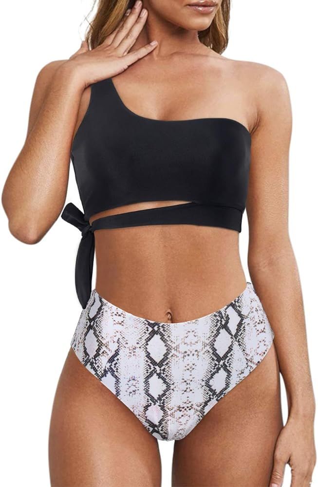 Amazon.com: MOOSLOVER Women One Shoulder High Waisted Bikini Tie High Cut Two Piece Swimsuits(XL,... | Amazon (US)