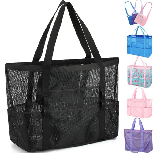 Fammart Mesh Beach Bag, Large Beach Tote with Zipper Pocket, Toys Pool Bag for Family Travel Vaca... | Amazon (US)