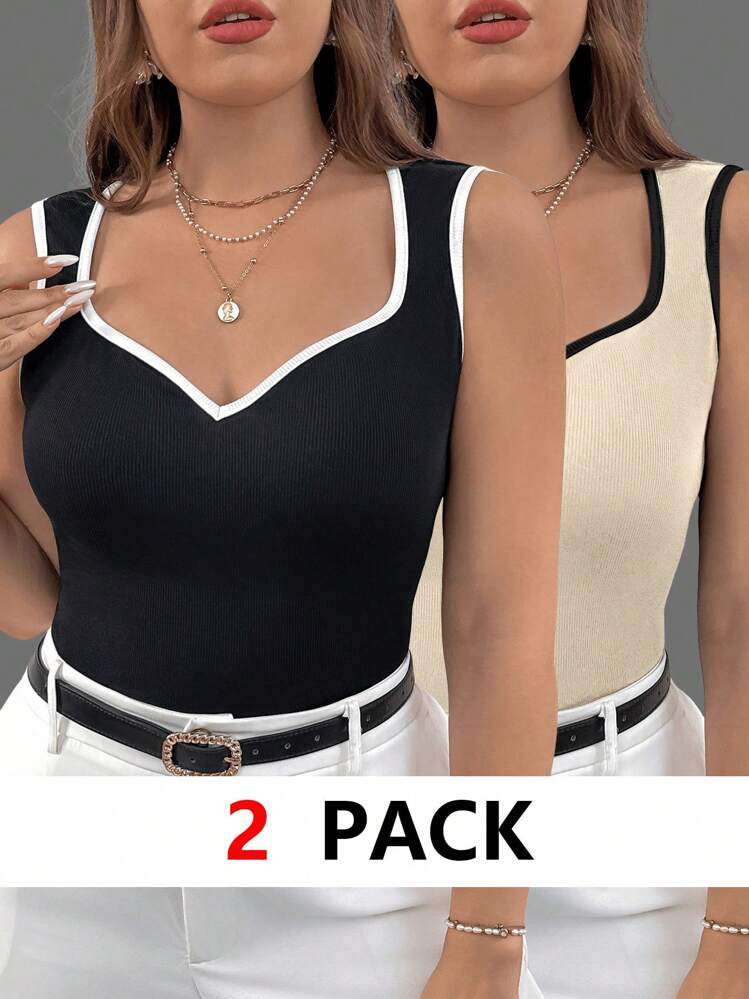 SHEIN Privé 3pcs Plus Size Women Minimalist Sweetheart Neck Contrast Binding Tank Top, For Summer,Business Casual Woman | SHEIN