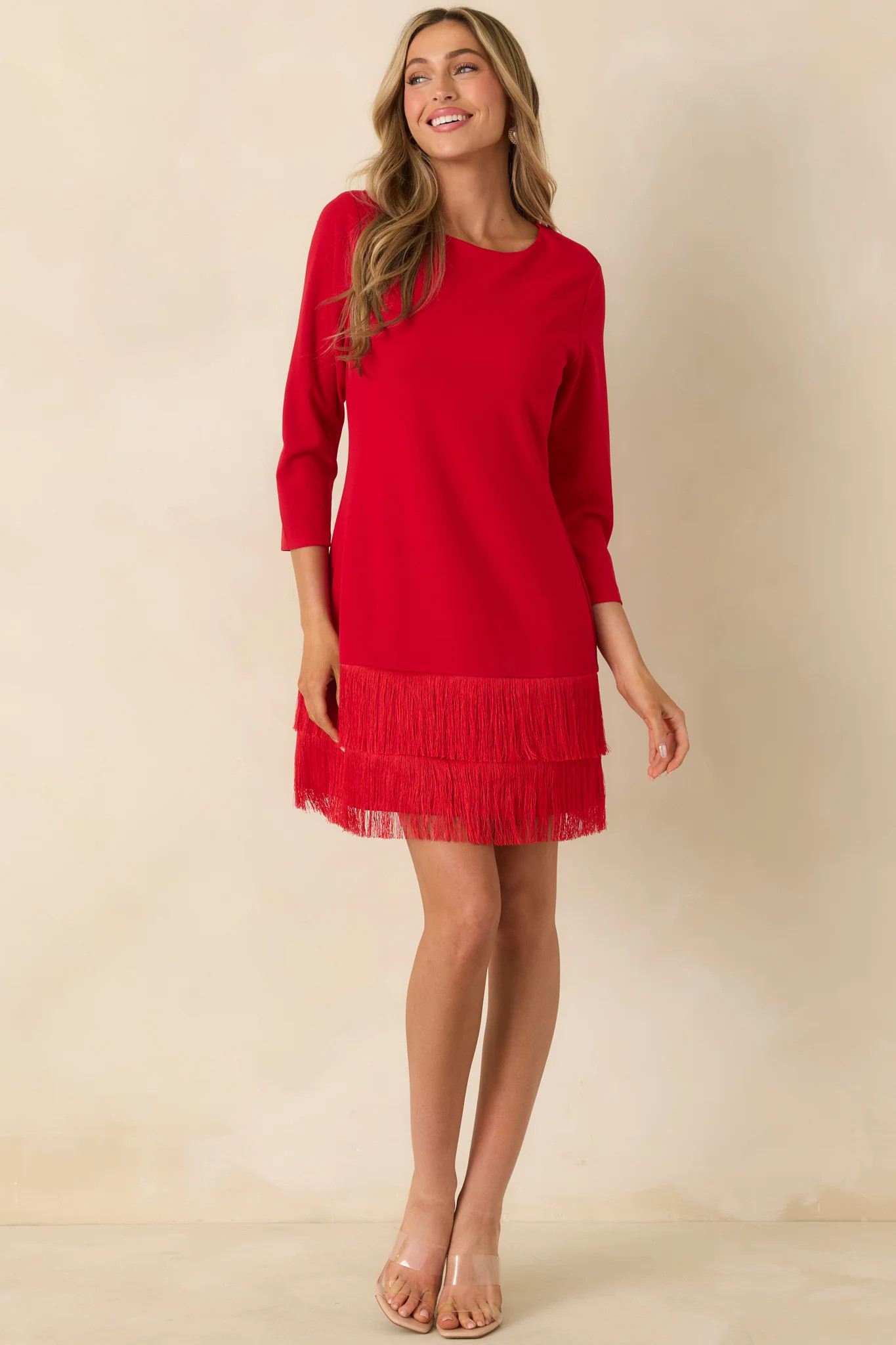 Coming In Hot Red 3/4 Sleeve Fringe Mini Dress | Red Dress