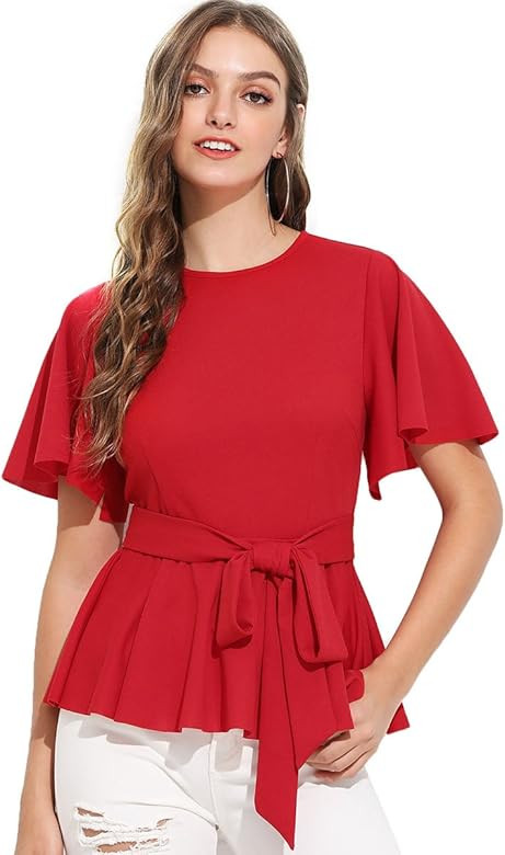 Women's Slim Ruffle Short Sleeve Raw Hem Elegant Peplum Blouse Top with Belt | Amazon (US)