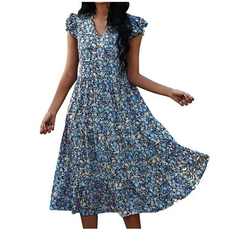 GBSELL Boho Dress For Women Bohemian Trendy 2022 s Loose Sleeveless Ruffles Print Long Ladies V Neck Mid Sleeve ed Black S Summer Work Dresses For Women 2022 Velvet Dress For Women Dressy Apple Wat | Walmart (US)