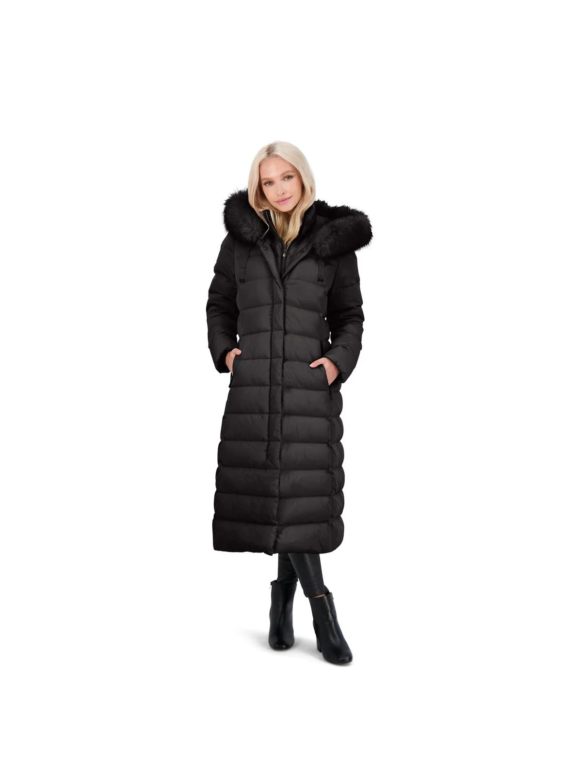 Tahari Nellie Womens Removable Faux Fur Trim Long Down Coat Jacket Black Size S | Walmart (US)