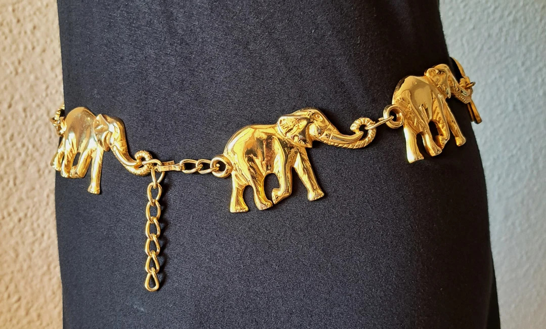 90s Vintage Gold Elephant Metallic Belt Gold Chain Belt With Elephants Vintage Gold Elephant Anim... | Etsy (US)