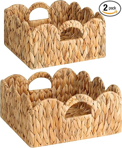 StorageWorks Scalloped Wicker Basket, Woven Baskets for Storage, Rattan Baskets with Handles, Pap... | Amazon (US)