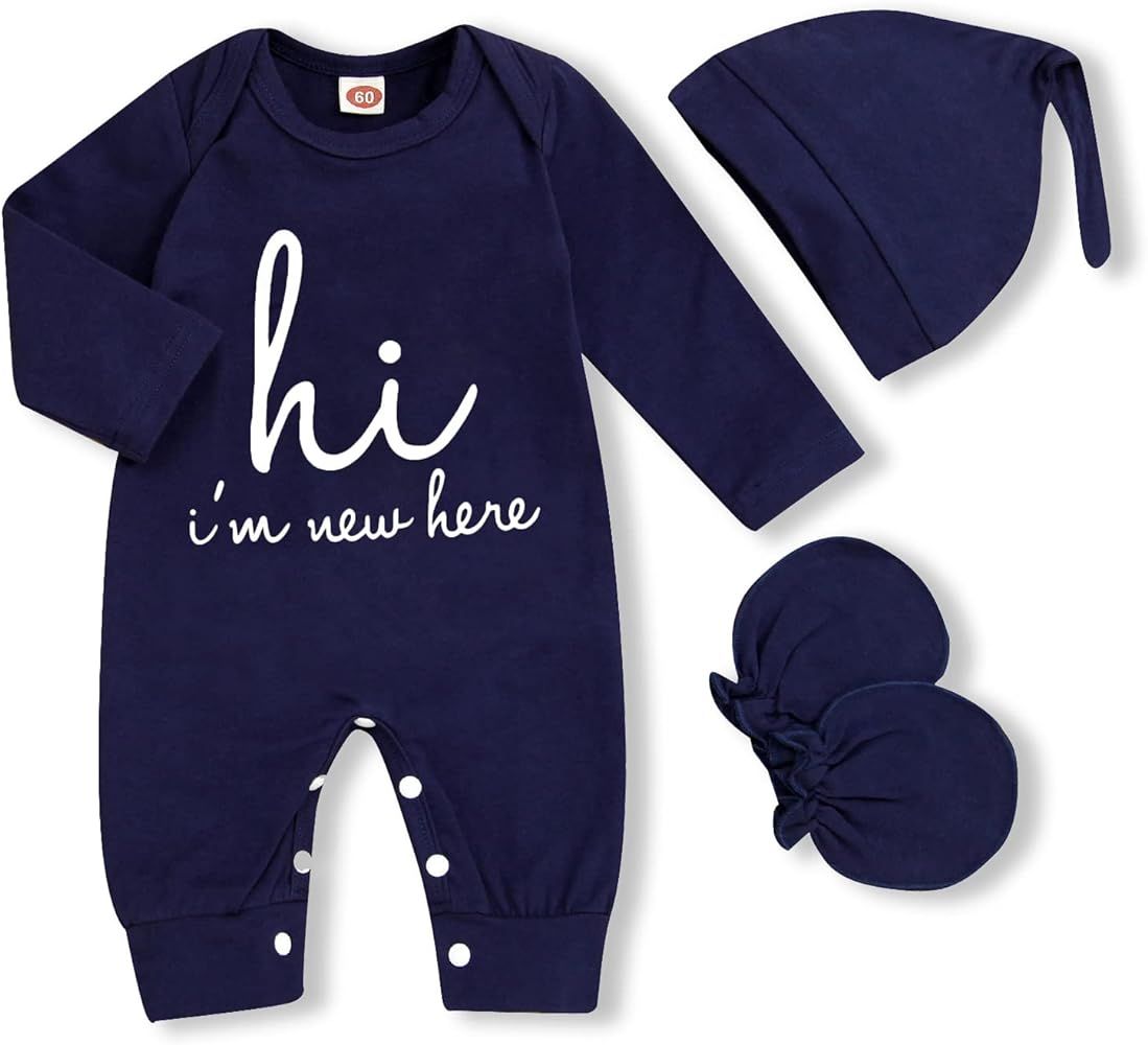 GRNSHTS Newborn Baby Boy Romper Coming Home Outfits Letter Print Bodysuit Jumpsuit+Hat+Gloves 3PC... | Amazon (US)