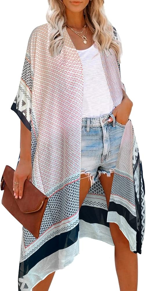 Moss Rose Women's Beach Cover up Swimsuit Kimono with Bohemian Floral Print, Loose Casual Resort ... | Amazon (US)
