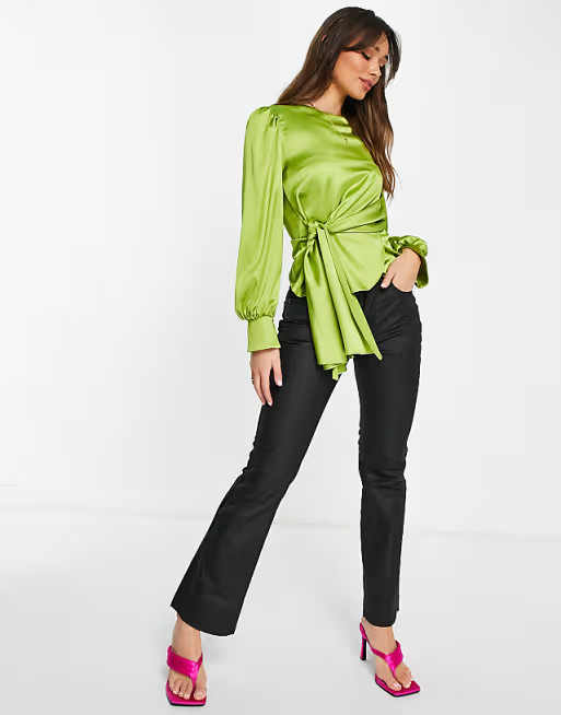 ASOS DESIGN drape side top with tie in green satin | ASOS (Global)