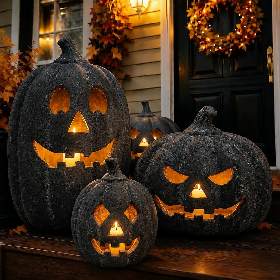 Halloween Decorations - Fall Decor - Black Handmade Terracotta Pumpkin Jack O' Lantern with Flame... | Amazon (US)