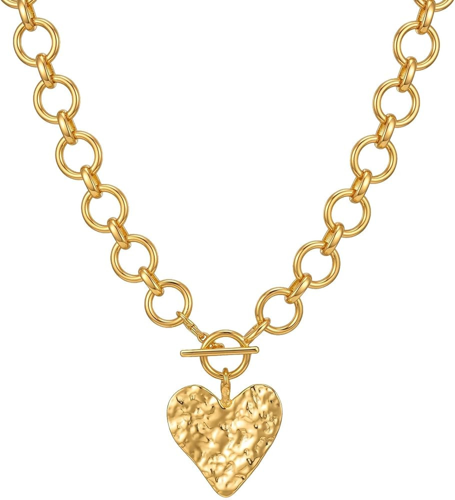 14K Gold Plated Chunky Necklace for Women, Hammered Heart Pendant with Toggle Clasp, Statement Th... | Amazon (US)