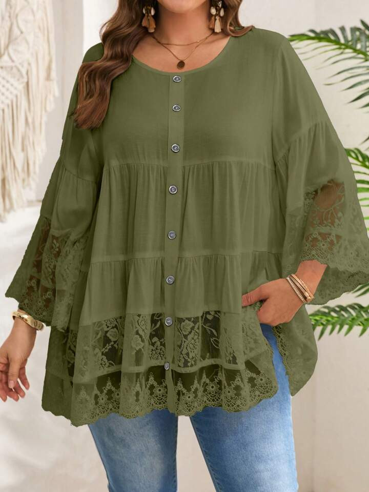 EMERY ROSE Plus Size Women's Early Spring 3/4 Sleeve White Lace Patchwork Blouse | SHEIN