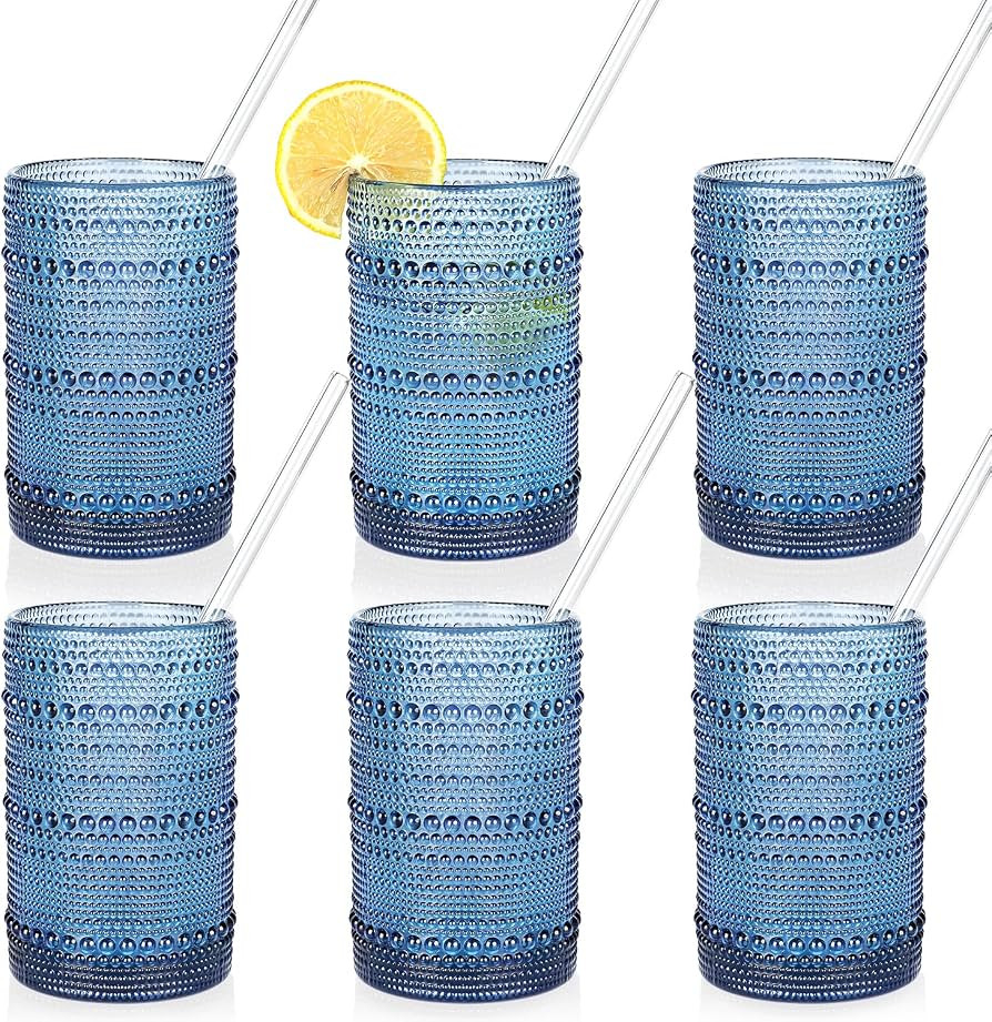 KMIGRUAN Large Hobnail Drinking Glasses Set of 6, 15oz Blue Vintage Glassware, Embossed Glass Cup... | Amazon (US)
