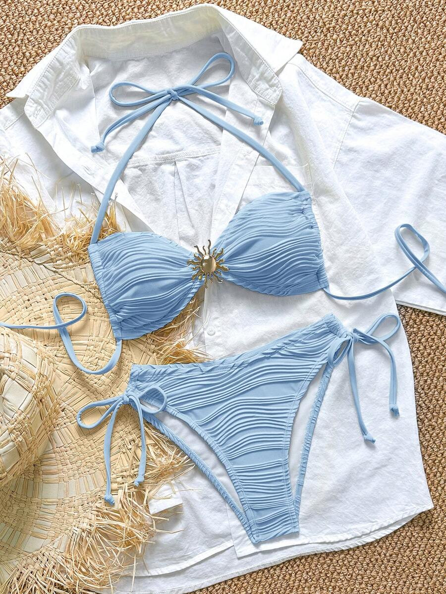 Swim Mod Swim Chiccia Textured Fabric Metal Buckle Halter Tie Side Bikini Set, Summer Beach Holid... | SHEIN