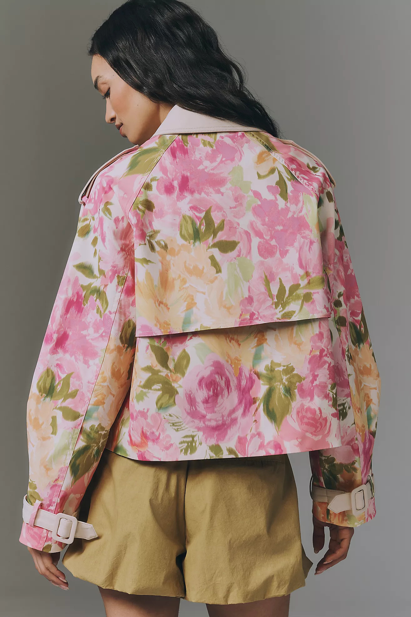 Maeve Retro Floral Cropped Trench Coat | Anthropologie (US)