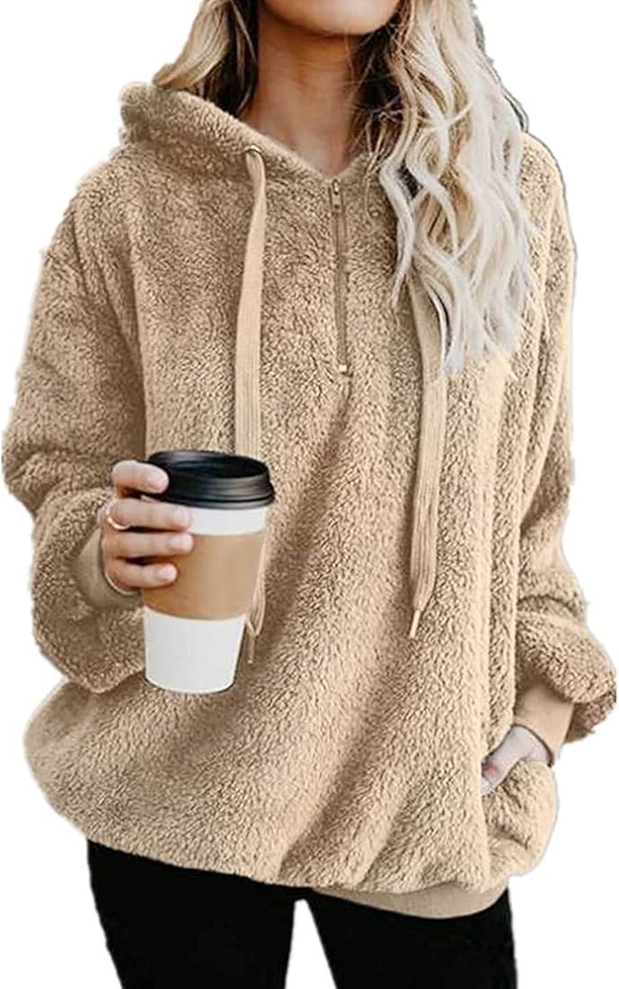 Yanekop Womens Oversized Hoodies Sherpa Sweatshirts Fuzzy Fleece Pullover Fluffy Outerwear with Pock | Amazon (US)