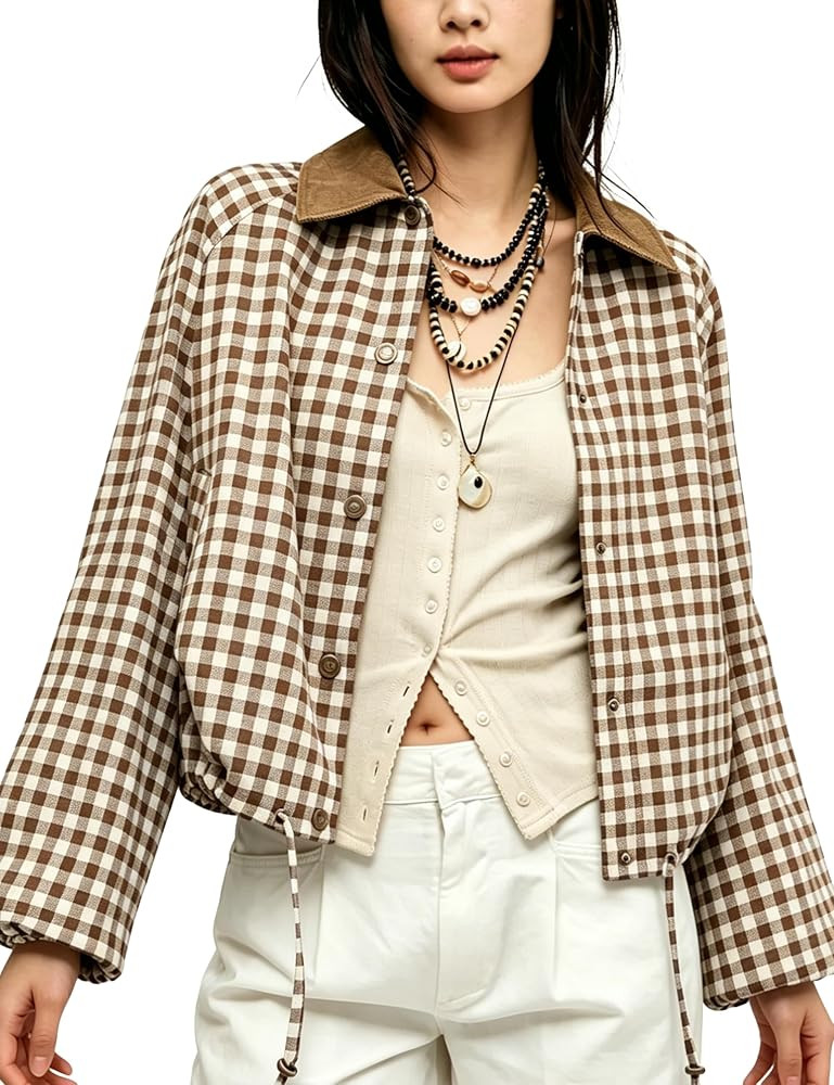Athlisan Women's Plaid Jacket Gingham Corduroy Collar Cropped Casual Coat | Amazon (US)