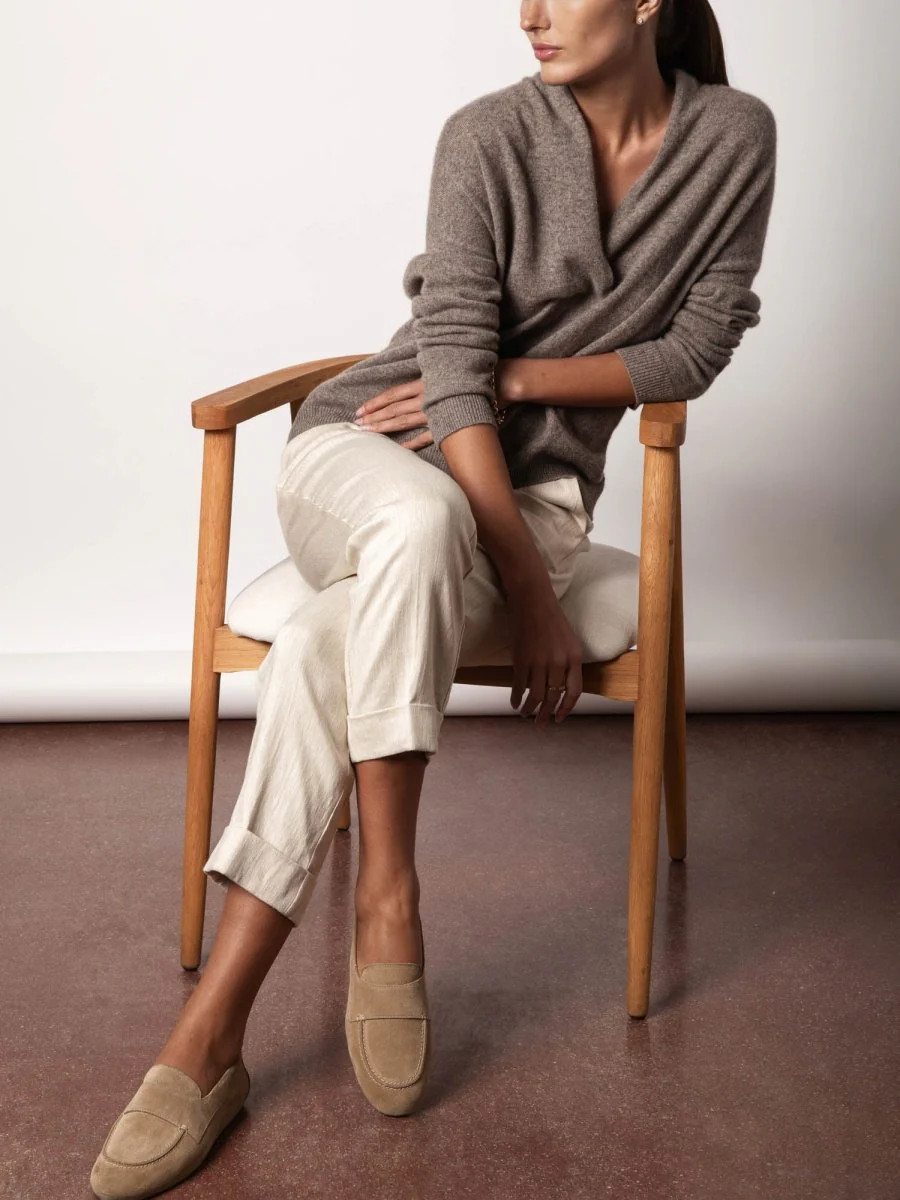 Women's Siena Wrap Neck Cashmere Pullover in Otter Mélange | Brochu Walker | Brochu Walker