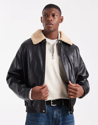 ASOS DESIGN flight jacket with borg collar in black | ASOS (Global)