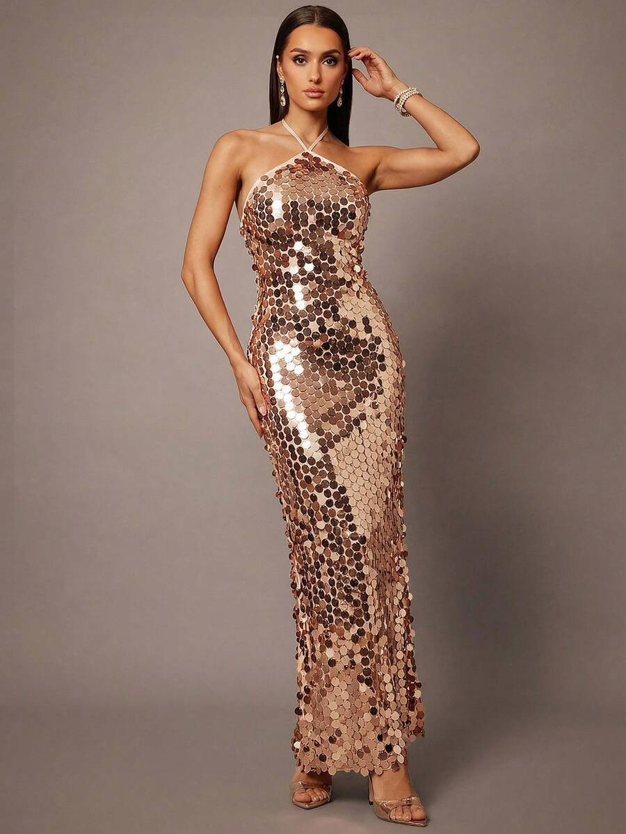 Silquee Sexy Sequin Solid Color Halter Elegant Bodycon Dress | SHEIN
