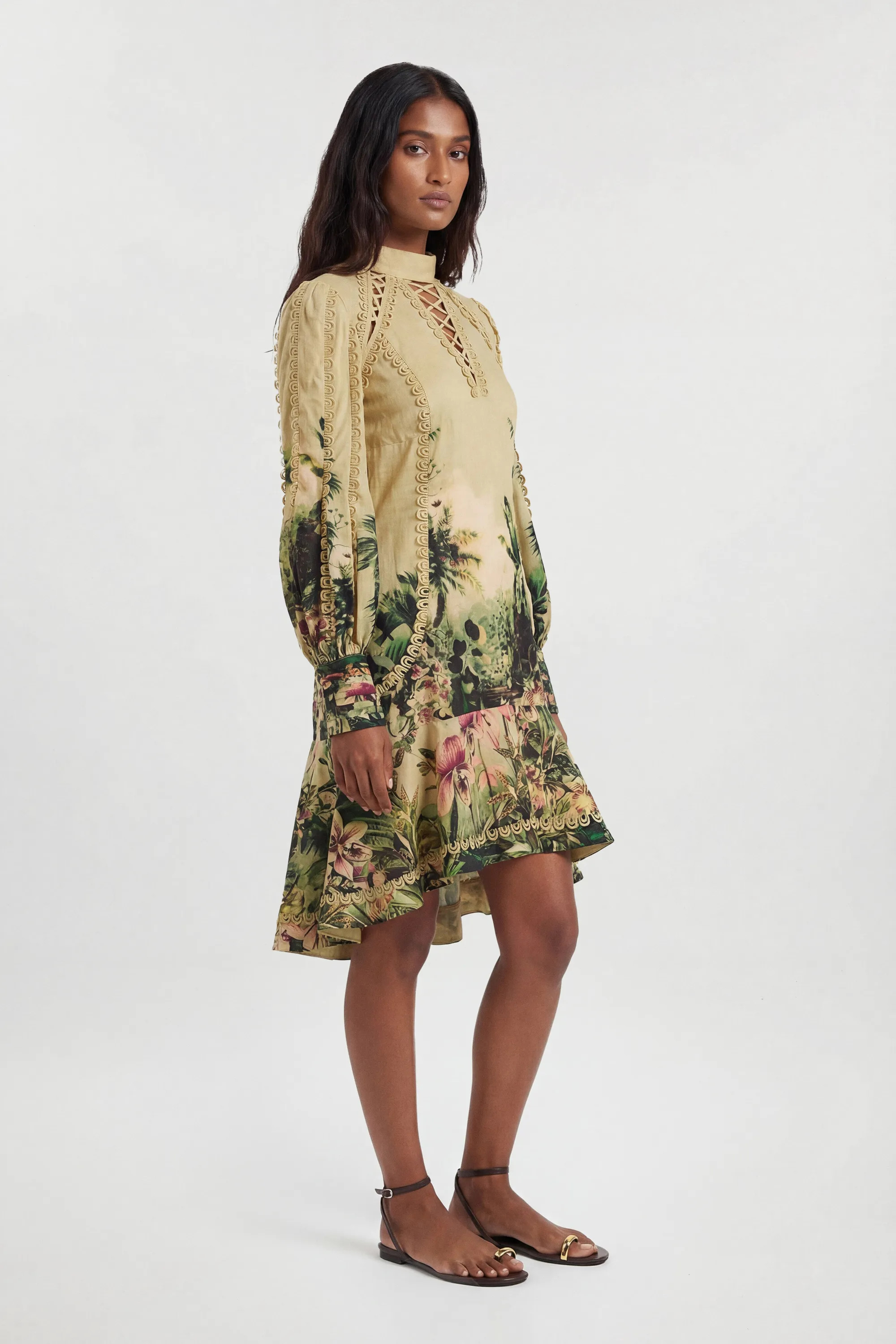 Botanical Print Woven High Neck Mini Dress | Karen Millen