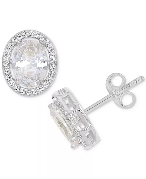 Cubic Zirconia Oval Halo Stud Earrings in Sterling Silver | Macy's