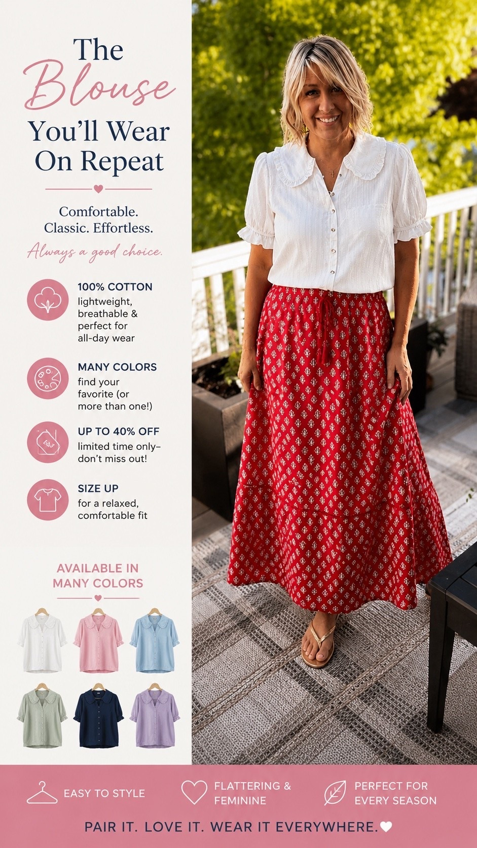 This blouse is one of those closet staples you’ll reach for again and again. 🤍

✨ Available in multiple colors
✨ Up to 40% off
✨ 100% cotton—lightweight, breathable, and perfect for summer
✨ Size up for a more relaxed, comfortable fit

midsize fashion, over 50 style, cotton blouse, summer blouse, women’s fashion, casual outfit, everyday style, modest fashion, affordable fashion, blouse on sale, lightweight summer top, classic wardrobe staples, vacation outfit, Amazon fashion, multiple color options, sale Amazon prime Walmart sale