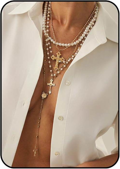 Silver Layered Cross Necklace Set For Women, 4Pcs Pearl Rosary Choker Chunky Christian Pendant Vi... | Amazon (US)