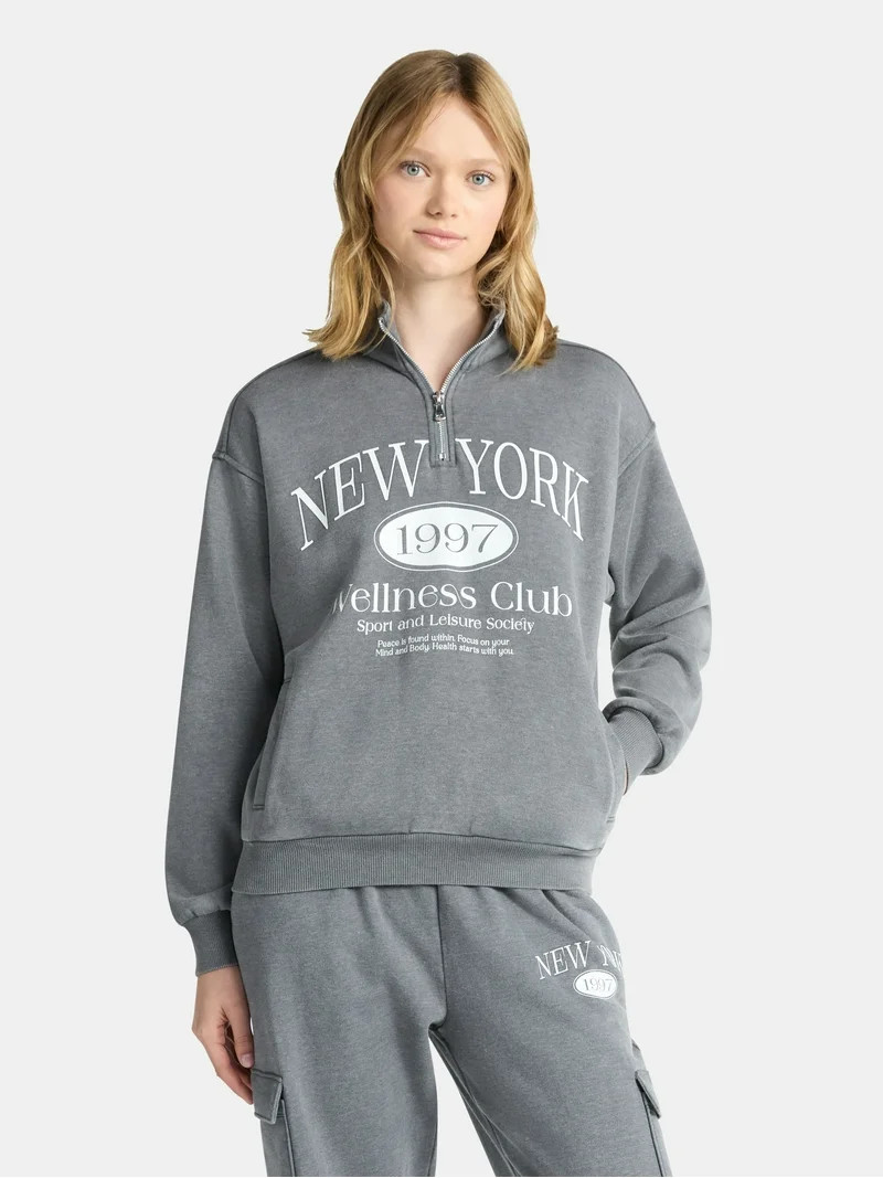 No Boundaries Mineral Wash Quarter Zip-Up Graphic Pullover Sweatshirt, Midweight, Women's - Walma... | Walmart (US)