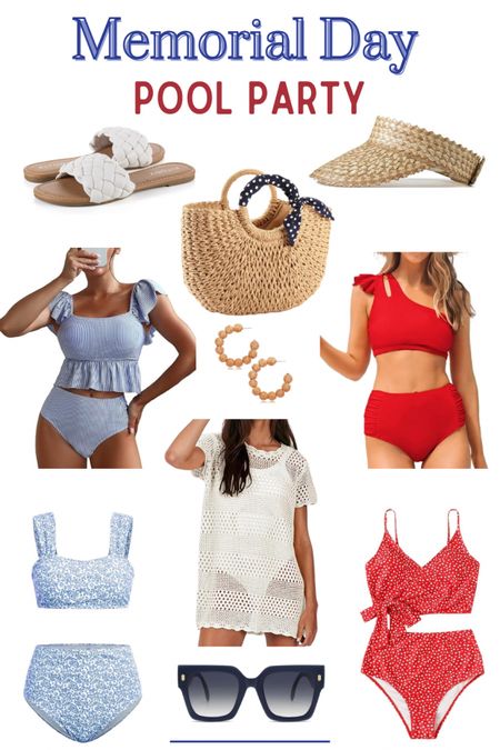 Memorial day pool outfits!
.
.
.
Memorial day beach , Fourth of July outfits, red white and blue beachwear, straw visor, straw bag, braided sandals, patriotic swimsuits

#LTKstyletip #LTKfindsunder50 #LTKSeasonal