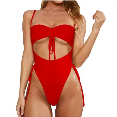 RQYYD Women s Cut Out Drawstring One Piece Swimsuit Cheeky High Cut Bathing Suit Solid Leopard Lace Up Backless Monokini(Red M) | Walmart (US)