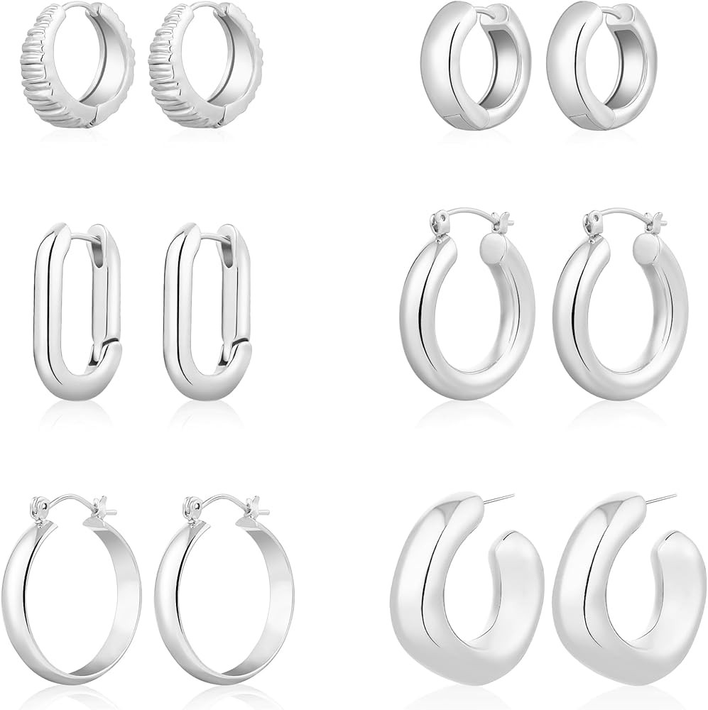 ALLHOLA 6 Pairs 14K Gold Plated Hoop Earrings for Women Trendy Chunky Lightweight Hoop Earrings M... | Amazon (US)