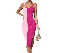 Verdusa Women's 2023 Bodycon Midi Dress Colorblock Y2K Ribbed Knit Dress | Amazon (US)