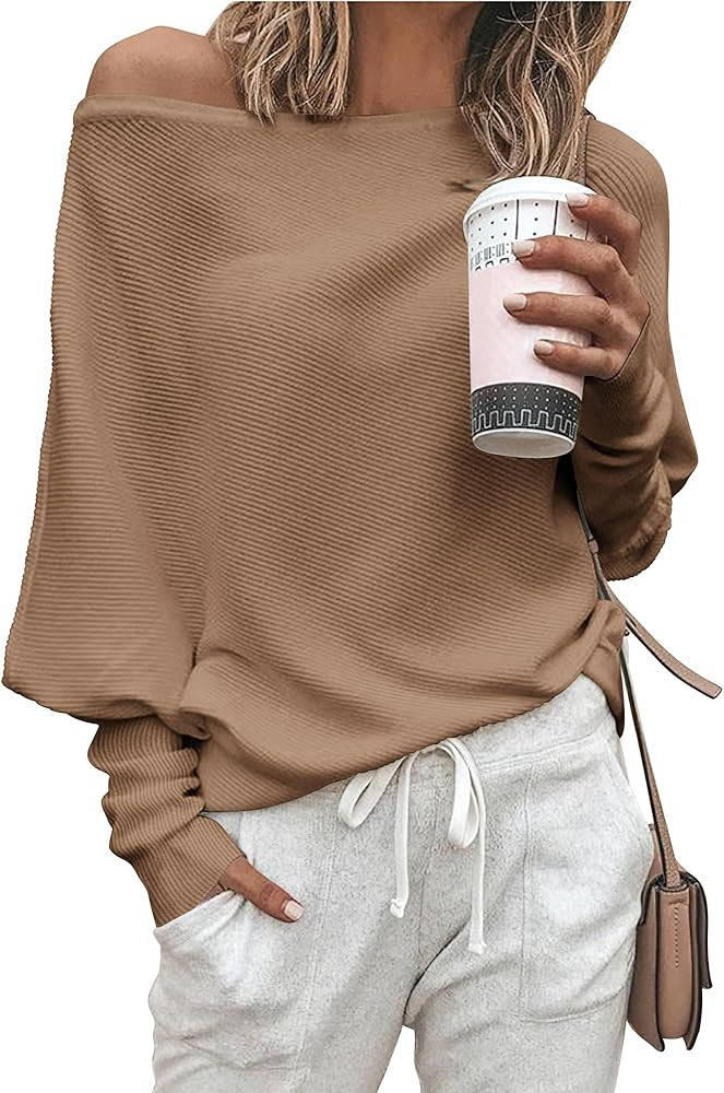 Zenlonr Women's Fall Sweaters 2024 Casual Long Batwing Sleeve Loose Off Shoulder Knit Pullovers J... | Amazon (US)