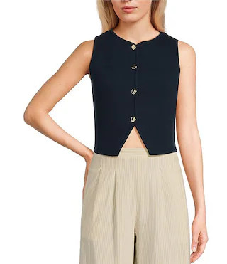 Sleeveless Knit Button Front Split Hem Cropped Sweater Vest | Dillard's