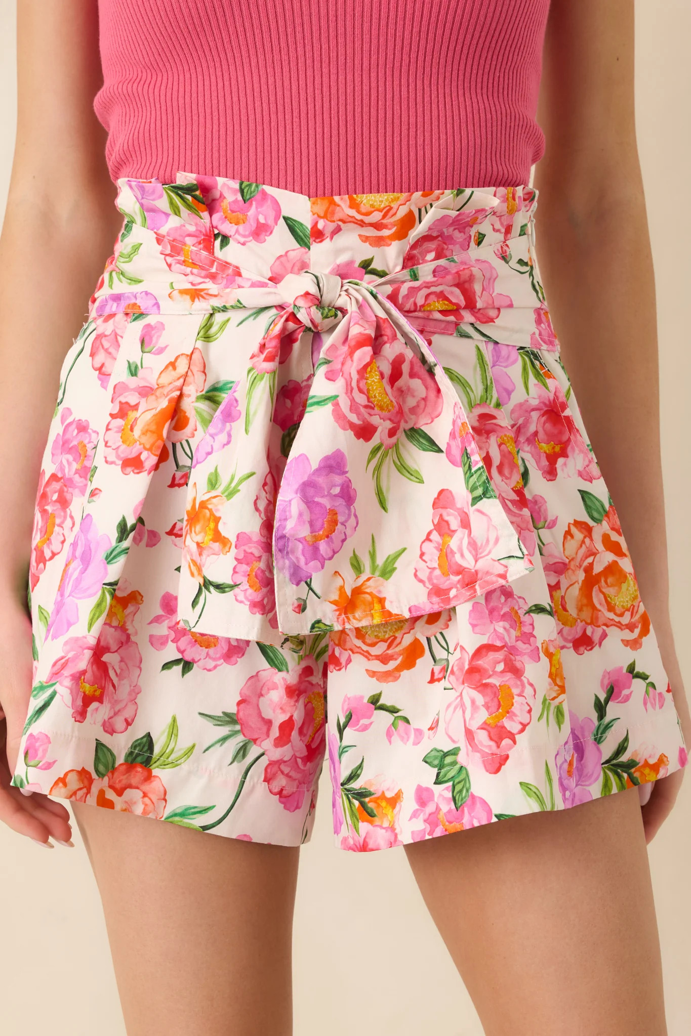 Prosperina Faith Pink Multi Floral Cotton High Waisted Shorts | Red Dress