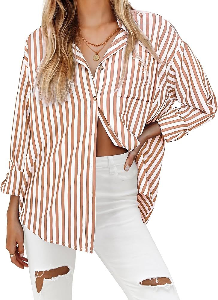 HOTOUCH Women's Striped Button Down Shirts Casual Long Sleeve V Neck Collared Blouses Tops S-XXL | Amazon (US)