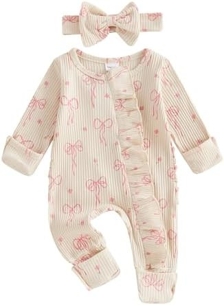 Socutebabe Newborn Baby Girl Fall Winter Clothes Coming Home Outfit Ruffle Romper Cute Ribbed Kni... | Amazon (US)