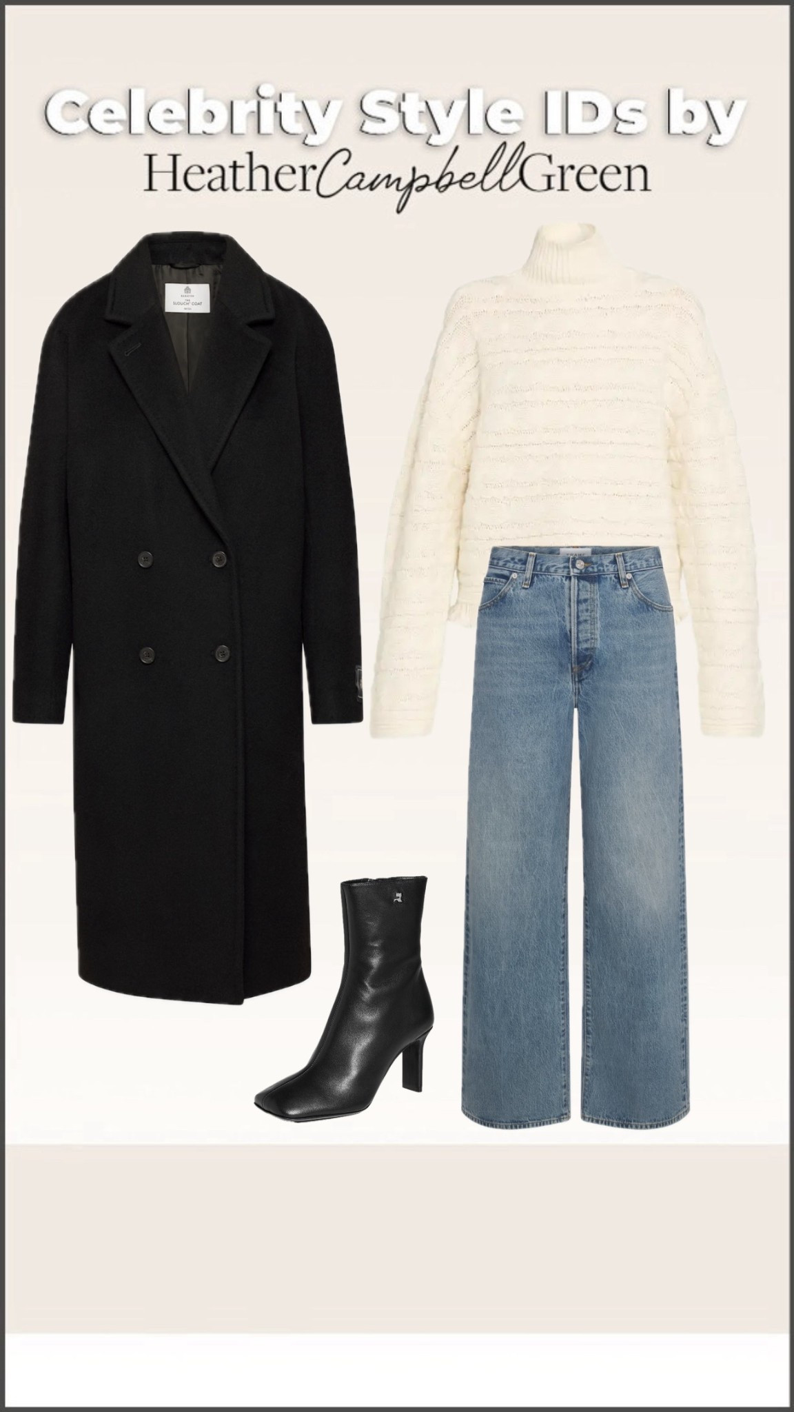 Get the look Sabrina Carpenter's double breasted wool black long coat, cable knit mock neck turtleneck sweater, boyfriend jeans square toe boot
