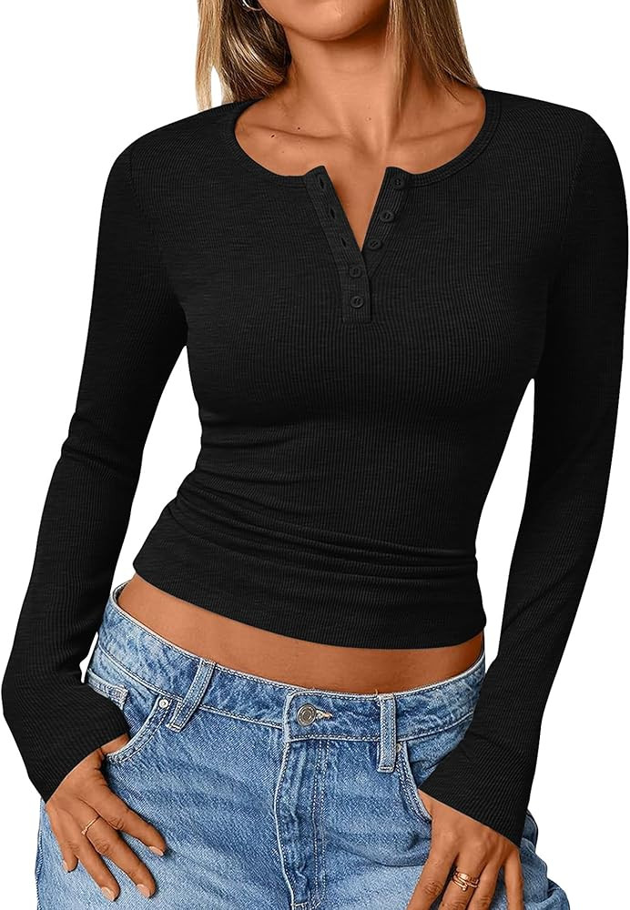 Long Sleeve Knit Tops - Women's Ribbed Henley Shirts V Neck Button Down Blouses Womens Casual Sli... | Amazon (US)