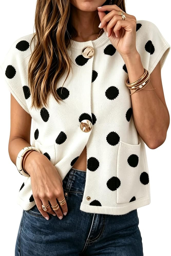 MINSURE Women Cap Sleeve Polka Dot Cropped Knit Cardigan Sweater(Beige-M) | Amazon (US)