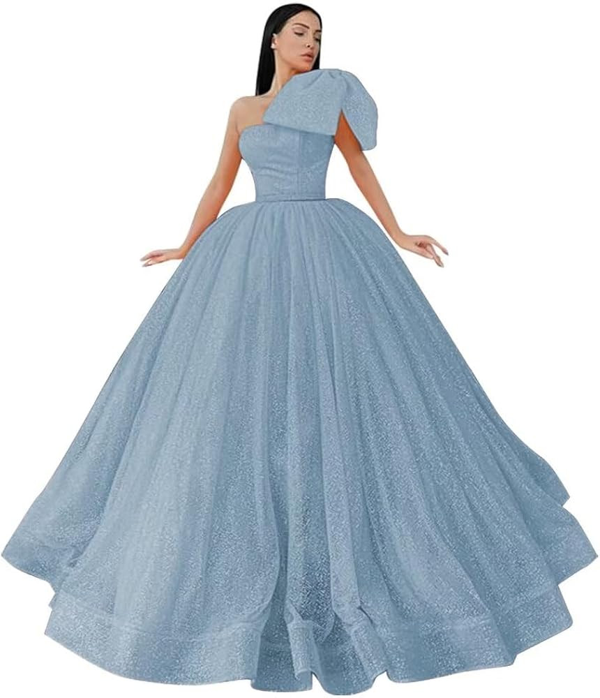 Tulle Prom Dresses with Bow One Shoulder Sparkly Ball Gown Dresses Quinceanera Dresses | Amazon (US)
