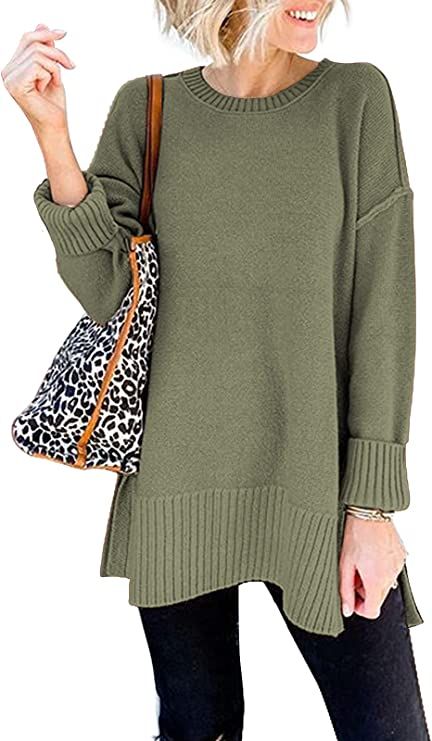 VTSGN Women's Crewneck Knit Sweater Long Sleeve Side Slit Pullover Sweater Tunic Tops | Amazon (US)