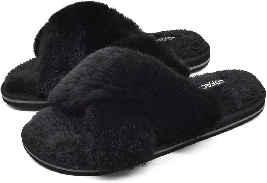 COFACE Womens Fuzzy Slides Fluffy Faux Fur Cross Slippers Open Toe Yoga Mat House Slippers Sandal... | Amazon (US)