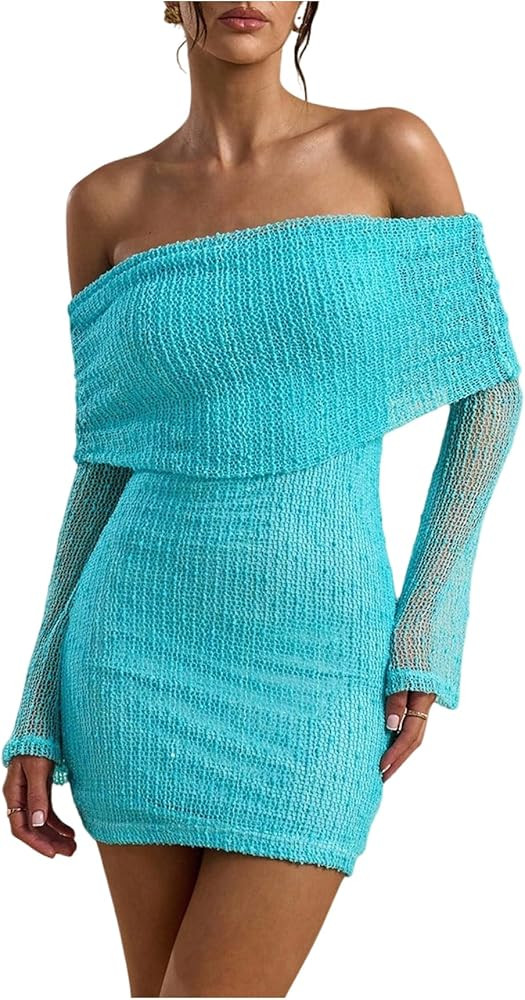 MakeMeChic Women's Off The Shoulder Bodycon Dress Mesh Long Sleeve Party Mini Dresses | Amazon (US)