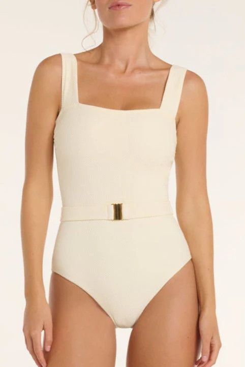 Belted Marisa Square Neckline One-Piece Swimsuit in Ivory | Hermoza