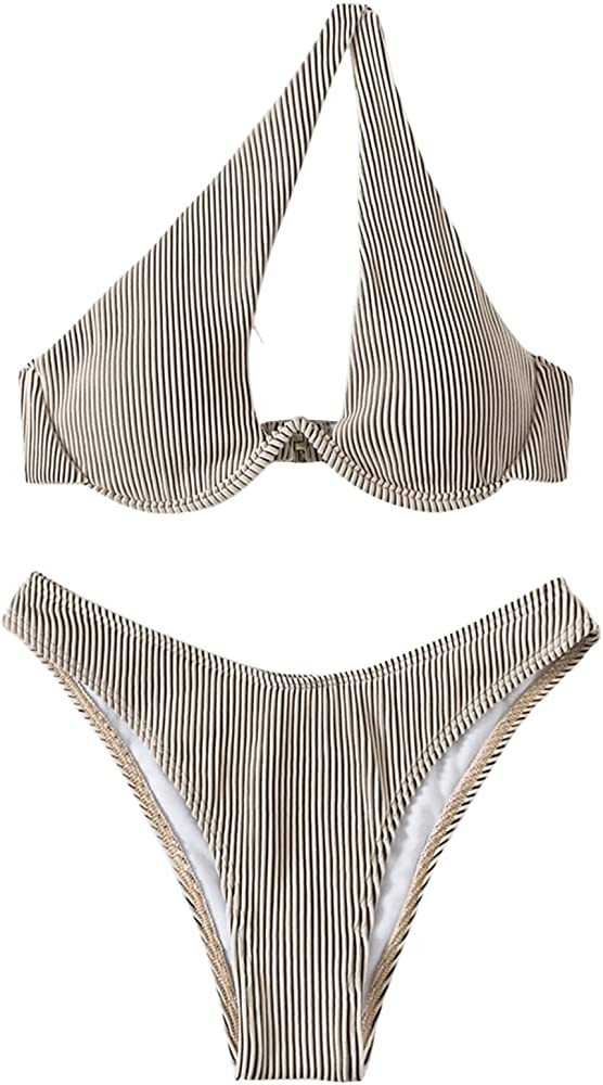 SweatyRocks Women's Ribbed Push Up Bikini Swimsuit One Shoulder Cut Out Bathing Suit | Amazon (US)