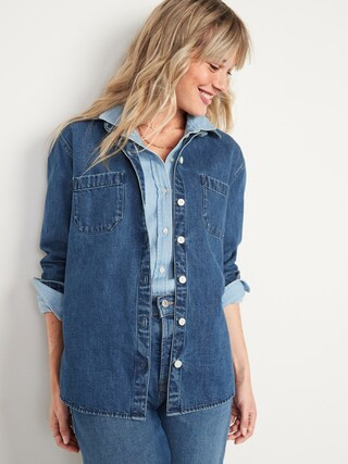 Oversized Medium-Wash Jean Boyfriend Shirt for Women | Old Navy (US)