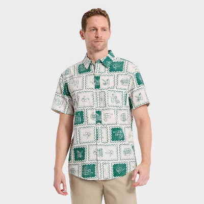 Men's Short Sleeve Cotton Rayon Point Collar Button-Up Shirt - Goodfellow & Co™ Green L | Target