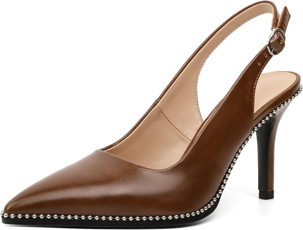 Zamikoo Women Beaded Pumps High Heel Slingback Pointed Toe Slip On 3.5 Inch Stilettos Ankle Strap... | Amazon (US)